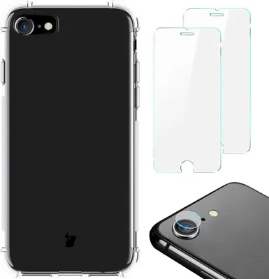 Produktbild von Bizon Case Clear Pack Hülle + 2x Glas + Linse für iPhone SE 2022/2020, 8/7, transparent