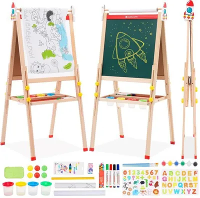 Produktbild von Azomor® Verstellbare und faltbare Holz-Kinder-Malstaffelei mit doppelseitiger Tafel