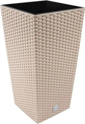 A tall, square planter with a woven texture.