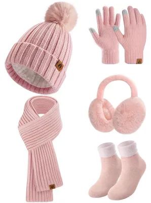 Produktbild von Damen Winter-Set 5-teilig Mütze Schal Handschuhe Socken Ohrenschützer Rosa Gestrickt Fleece Gefüttert