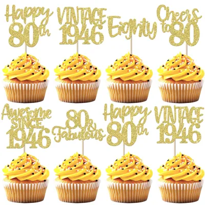 24er Set Goldene 80. Geburtstag Cupcake Topper Glitzer