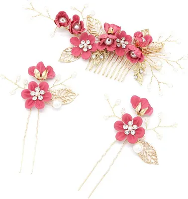 Produktbild von 4-teilige Brautjungfern Haarkamm Set mit goldenen Perlen und rosa Blume - Haarschmuck für Hochzeit mit Strass Brautkamm mit Blumendetail