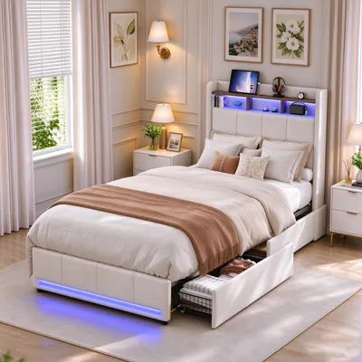 Obrázok produktu pre Postel INONEFT, 90x200 cm, jednolôžková posteľ s 2 zásuvkami a LED/USB portmi, čalúnená opierka s úložným priestorom, posteľ s úložným priestorom a latkovým roštom, posteľ pre mládež, materiál: ľan, farba: béžová