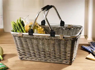Image de Panier "Shopping" en osier, gris, avec anses en aluminium rabattables, panier tressé, panier en osier, panier de transport