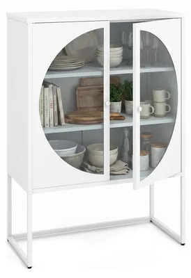 Productafbeelding van COSTWAY Metalen dressoir, 85 cm, sideboard voor de eetkamer, opbergkast met 2 glazen deuren, verstelbare planken en verhoogde metalen poten, wit