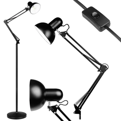 Multiple views of a black adjustable floor lamp.