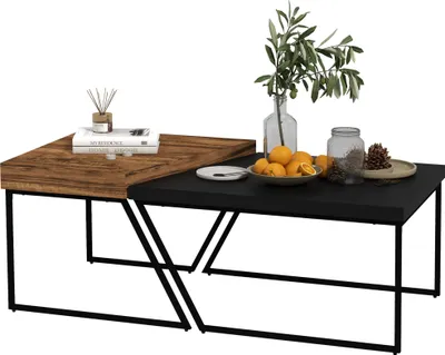 Produktbild von Couchtisch-Set, 2 Beistelltische, Industrial Design, Stahlrahmen, Holz/Schwarz