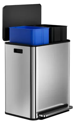 Immagine prodotto di Contenitore per rifiuti da cucina a 2 scomparti - 60 litri (2 x 30 litri) - Acciaio inossidabile - Contenitori interni removibili - Coperchio con chiusura ammortizzata - Pedale - Argento