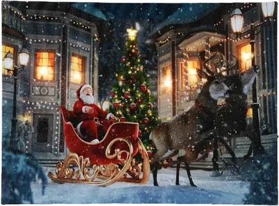 Produktbild von LED Bild Weihnachtmann Schlitten Rentiere Weihnachten Leinwand Wandbild 28x38cm