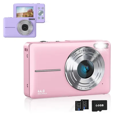 Produktbild von ZELURXX Digitalkamera Set für Kinder 1080P 44MP, 16x Zoom, 2,4 Zoll Bildschirm, Mini Kamera Set, Selfie, Taschenformat, Rosa + Lila