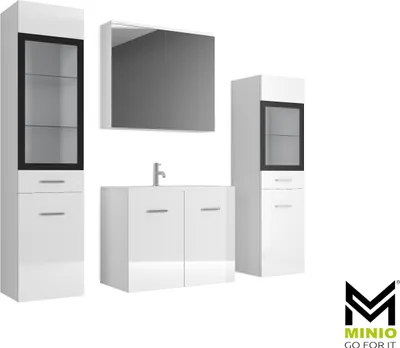 Produktbild von Minio, Badezimmermöbel "MARIT 2", Badezimmermöbel Set, Badezimmer, mit Waschbecken, Weiß / Weiß Hochglanz