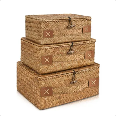 Produktbild von Rattan-Aufbewahrungskorb mit Deckel, 3 Stück geflochtene Körbe aus natürlichem Seegras, multifunktionale Aufbewahrungsbox für Spielzeug, Kosmetik,