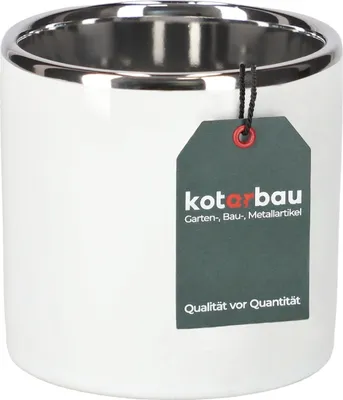 A white ceramic pot with a silver rim, featuring a dark grey tag with brand information and product details.