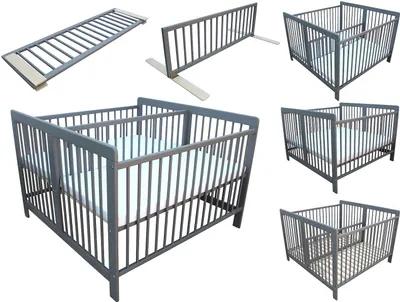 Produktbild von Zwillingsbett Kinderbett für Zwillinge 2in1 massiv grau mit 2 Matratzen 120x120 cm und Trenngitter