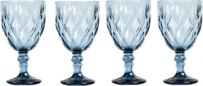 Four blue wine glasses with a diamond pattern are arranged in a row against a white background.