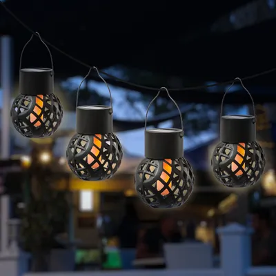 Produktbild von LED Solar Hängeleuchten Feuerball - Kugelleuchten mit Flammeneffekt - H: 9cm - Sensor - 4 Stück