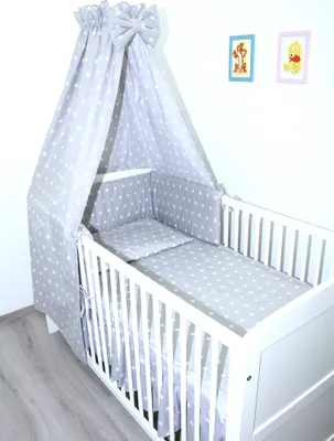 Produktbild von Primawela-Baby Bettwäsche Set- 5 teiliges Set mit Vollstoff Himmel Bettset Nestchen - 27. Sterne auf Grau