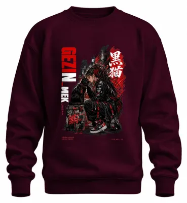 Zdjęcie produktu dla Bluza z kapturem w stylu streetwear, inspirowana anime, z motywem czarnej kotki, w stylu Y2K, japońska, kolor burgundowy, rozmiar S