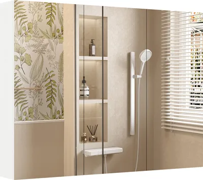 Produktbild von COSTWAY Spiegelschrank Bad, Wandschrank mit 3 Türen & 6 Fächern, Badschrank mit Spiegel, Hängeschrank für Badezimmer, 87 x 65 x 12,5 cm, Weiß