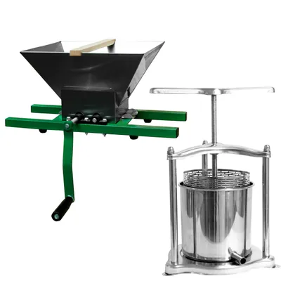 Produktbild von Saftherstellung Set Obstmühle 7 ltr. Handbetrieb mit Edelstahltrichter + 6 Liter Edelstahl Spindelpresse