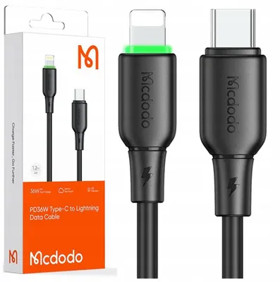 Zdjęcie produktu dla Mcdodo Ładowarka Kabel Usb-C Lightning Szybkiego Ładowania Do Iphone 1M Led Czarny