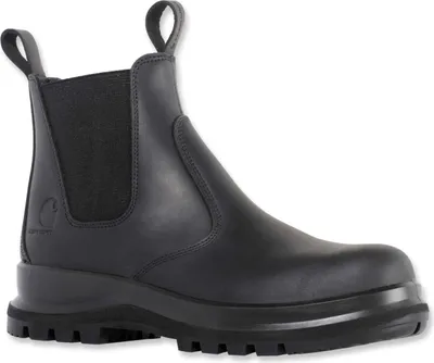 A black Carhartt Chelsea boot is shown against a white background.