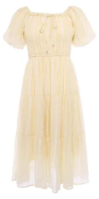 Produktbild von Damen Maxikleid mit schulterfreiem Ausschnitt, kurzen Puffärmeln und Stufenrock, gelb, Größe XXS