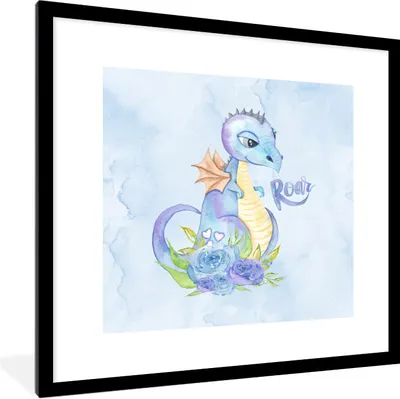 Produktbild von MuchoWow® Gerahmtes Poster Dinosaurier - Blau - Kinderzimmer - Jungen - Mädchen - Kinder 40x40 cm - Poster mit Schwarzem Bilderrahmen Wandposter Rahmen Foto Bilder - Poster - Plakat im Rahmen
