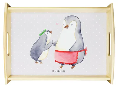 Produktbild von Mr. & Mrs. Panda Tablett Pinguin mit Kind - Grau Pastell - Geschenk, Muttertag, Mutter, Dekotablett, Serviertablett, sofatablett, Vorbild Mama, Servier, Familie, Mom