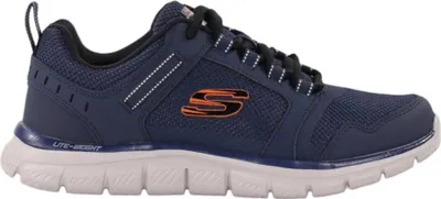 A side view of a blue Skechers training shoe.
