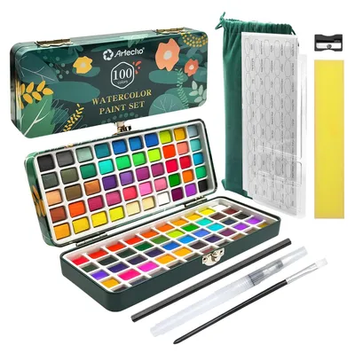 Aquarellfarben-Set, 100 Farben, tragbar, mit Pinsel und Papier