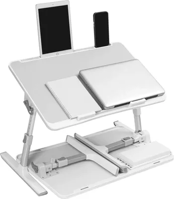 Zdjęcie produktu dla Stolik pod laptopa – składany stolik do łóżka/sofy – regulowana wysokość i nachylenie – z szufladą – do łóżka, sofy, podłogi – jasnoszary