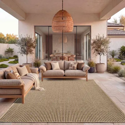Produktbild von TT Home Outdoor Teppich Wetterfest Garten Schlafzimmer Flur Boho Motiv Unifarben Moderner Sisal Look Natur Optik Größe 200x290 cm