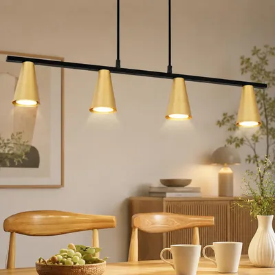 Image de Suspension ZMH, 4 lumières, lampe de table pour salle à manger, 70 cm, design moderne, finition dorée, éclairage linéaire pour salle à manger, type d'ampoule GU10, métal, suspendue, hauteur réglable, idéale pour bureau ou salle de travail, Image générée par une IA