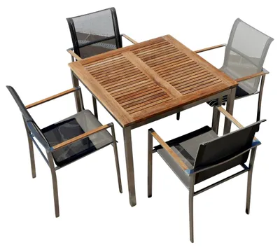 Produktbild von ALEOS. Gartengarnitur Gartenstühle und Tisch Sitzgruppe 5-teilig aus Edelstahl Batyline Bespannung massives A-Grade Teak Holz Set: Tisch 90x90 cm + 4 Sessel Serie KUBA-BRAUN Gastroqualität