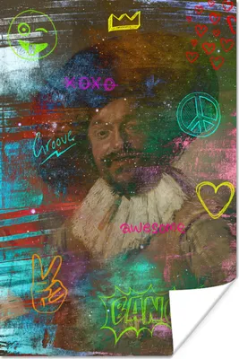 Produktbild von MuchoWow® Poster Der fröhliche Trinker - Frans Hals - Neon 80x120 cm - Papierdruck