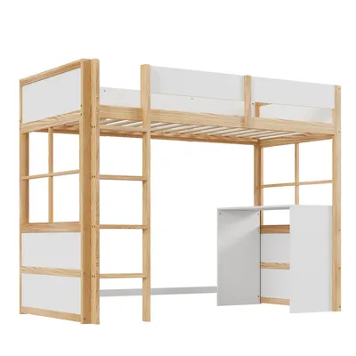 Produktbild von Hochbett,Kinderbett(Holzfarbe)Einzelbett,Sicherheitstreppe,mit Tisch, hohes Zaundesign