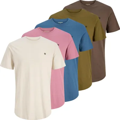 Produktbild von JACK&JONES Herren T-Shirt, 5er Pack - JPRBLABRODY TEE CREW NECK 5PK, Kurzarm, Rundhals, Baumwolle Braun/Blau/Rosa M