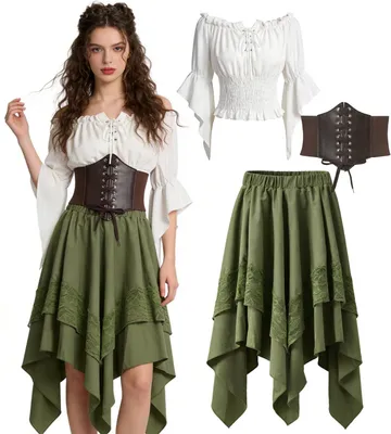 Produktbild von Omgoods – Piratenkostüm für Damen – Mittelalterliches Kleid – Gothic-Outfit – Weiße Bluse – Rock – Festivaloutfit für Karneval/Halloween – Mittelalterliches Kostüm
