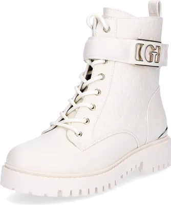 A single white Guess boot is shown against a white background.
