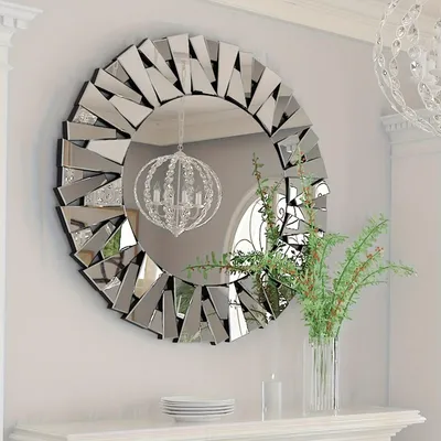Image de Miroir mural rond moderne – Grand miroir en verre HD de 80 cm avec cadre en bois – Argent et bois