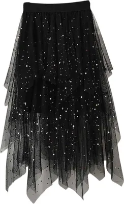 Produktbild von ASKSA Damen Midi Tuellrock Lang Tuell Petticoat Unterrock High Waist A-Linie Knielang Faschingskostueme Rock fuer Halloween Fasching Karneval Party,Glaenzend Schwarz,S