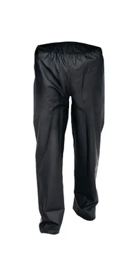 A pair of black rain pants is shown against a white background.
