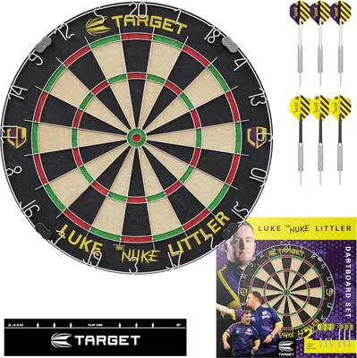 Productafbeelding van Target Darts Luke Littler dartset met 6 stalen darts, sisal dartbord, werplijn en wandhouder