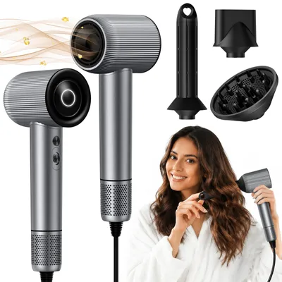 Produktbild von Sytifro Ionen Föhn 1600W mit 32 mm Lockenaufsatz, Diffusor & Stylingdüse – Haartrockner für Trocknen, Locken & Styling – Weihnachtsgeschenk – Grau