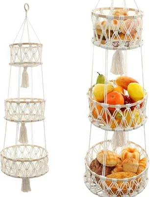 Produktbild von Famanu Hängende Obstschale 3 Etagen – Handgewebtes Baumwollnetz für Küche und Boho-Stil