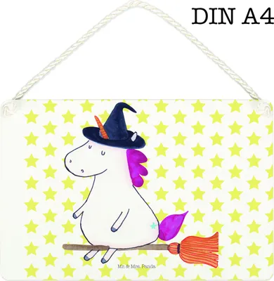Produktbild von Mr. & Mrs. Panda Schild Einhorn Hexe DIN A4 - Weiß - Geschenk, Freundin, Holzschild, wandtafel, Einhörner, wandhänger, Engel, Teufel, Unicorn, Türschild