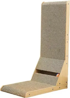A cat scratching post with an L-shaped design, made of cardboard and wood, against a white background.
