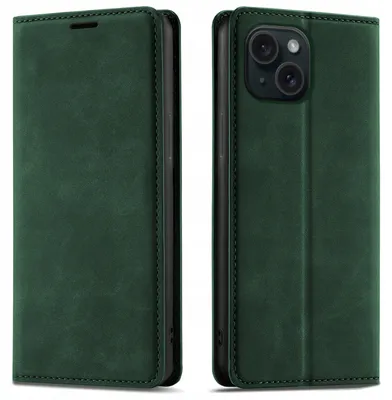Produktbild von Klapphülle für das iPhone 15 mit Magnetverschluss aus Leder + 9H-Glas