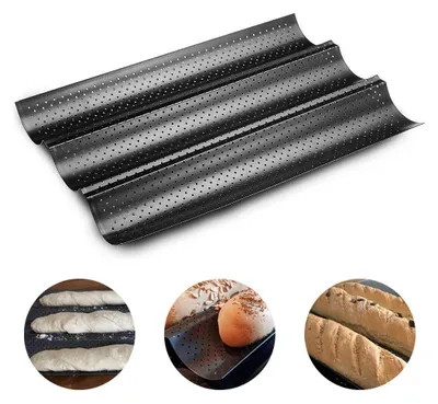 Produktbild von Antihaftbeschichtete, perforierte Baguetteform zum Backen von französischem Brot, Wellenformen, Brotlaiben, Brotbackform, Toastform, Kochform, Bäckerform, Wellen